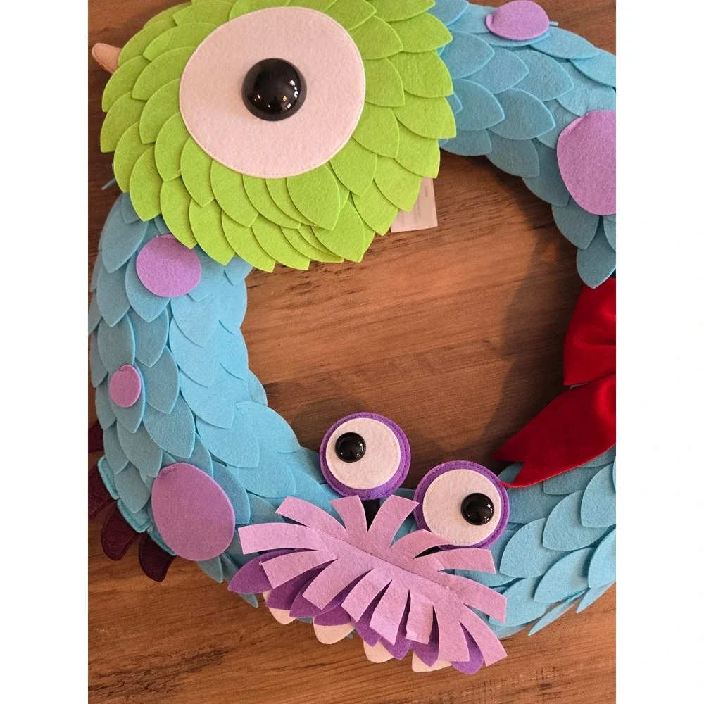 Disney Pixar Monsters Inc Sulley Mike Wazowski Felt Wreath Blue Green Red Bow